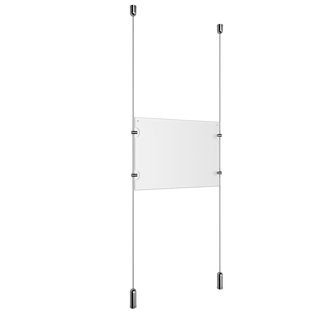 (1) 8-1/2'' Width x 11'' Height Clear Acrylic Frame & (2) Ceiling-to-Floor Aluminum Chrome Polished Cable Systems with (4) Single-Sided Panel Grippers