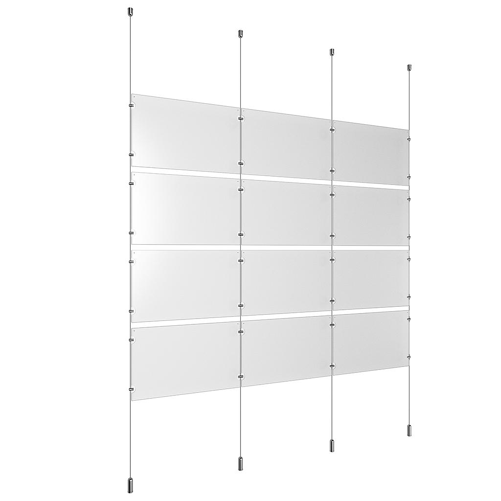 (12) 17'' Width x 11'' Height Clear Acrylic Frame & (4) Ceiling-to-Floor Aluminum Chrome Polished Cable Systems with (16) Single-Sided Panel Grippers (16) Double-Sided Panel Grippers