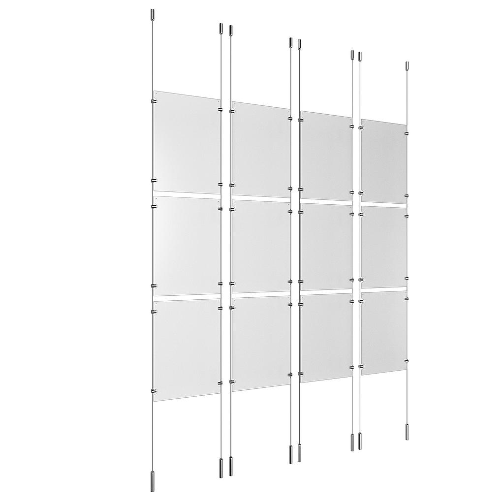 (12) 11'' Width x 17'' Height Clear Acrylic Frame & (8) Ceiling-to-Floor Stainless Steel Satin Brushed Cable Systems with (48) Single-Sided Panel Grippers