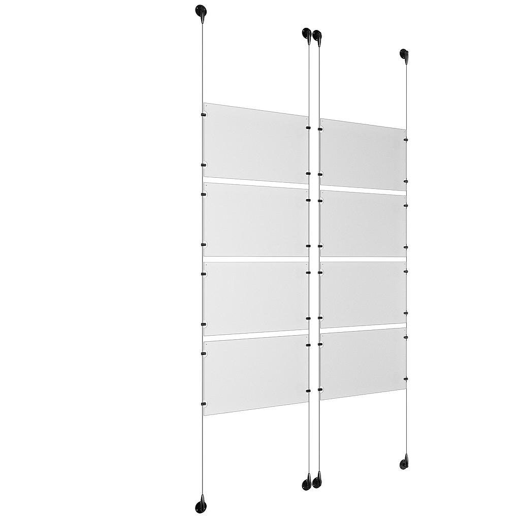 (8) 17'' Width x 11'' Height Clear Acrylic Frame & (4) Aluminum Matte Black Adjustable Angle Signature Cable Systems with (32) Single-Sided Panel Grippers