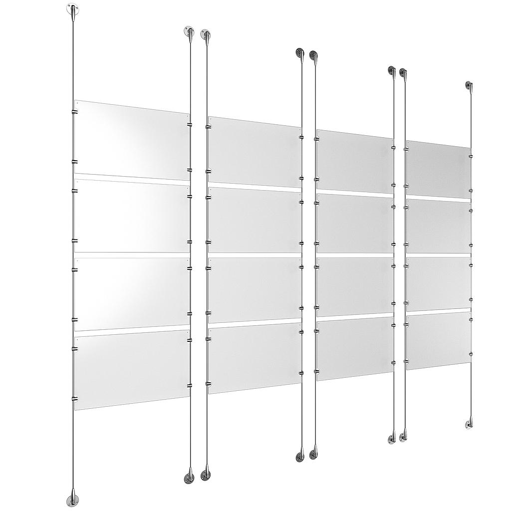 (16) 17'' Width x 11'' Height Clear Acrylic Frame & (8) Aluminum Clear Anodized Adjustable Angle Signature 1/8'' Diameter Cable Systems with (64) Single-Sided Panel Grippers