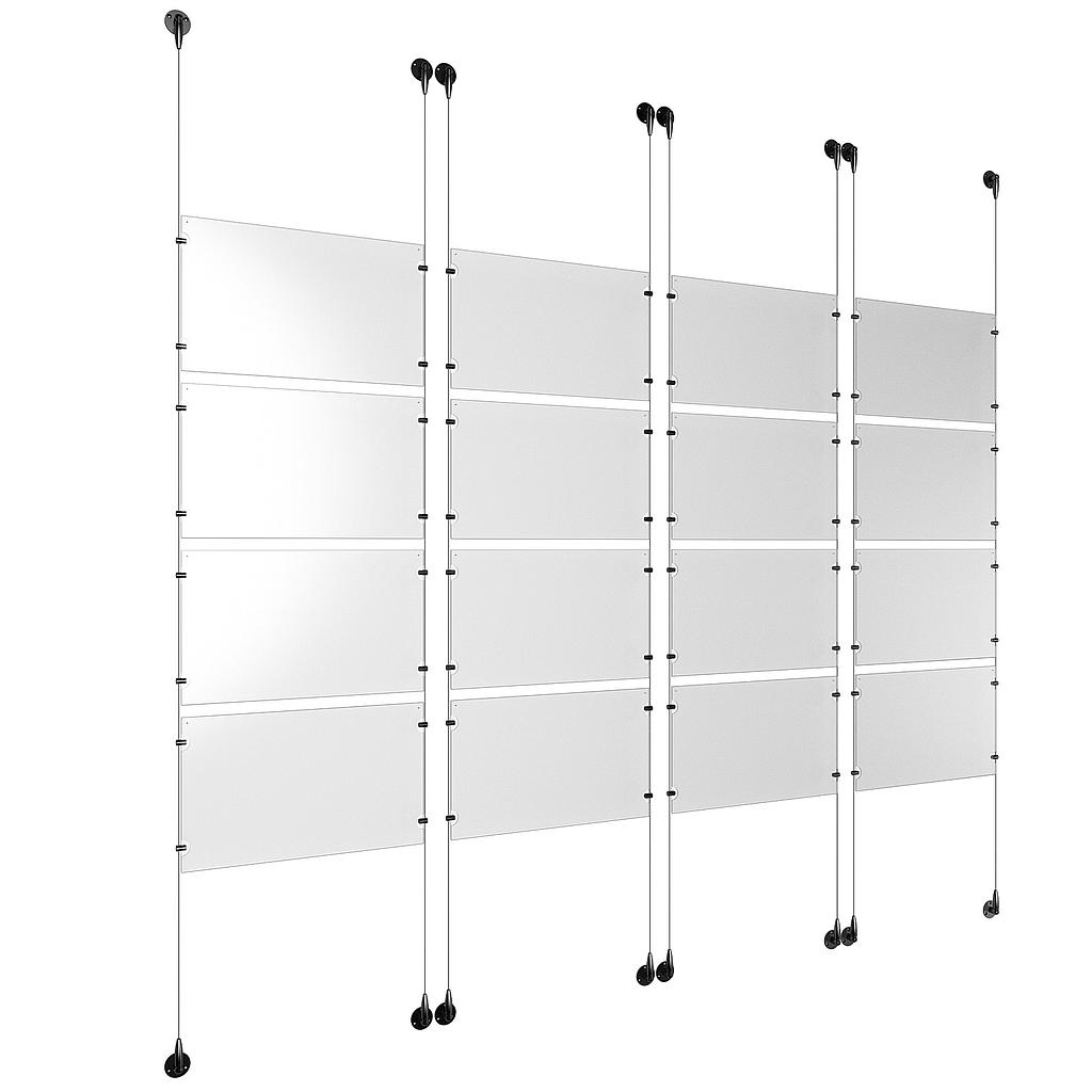 (16) 17'' Width x 11'' Height Clear Acrylic Frame & (8) Aluminum Matte Black Adjustable Angle Signature 1/8'' Diameter Cable Systems with (64) Single-Sided Panel Grippers