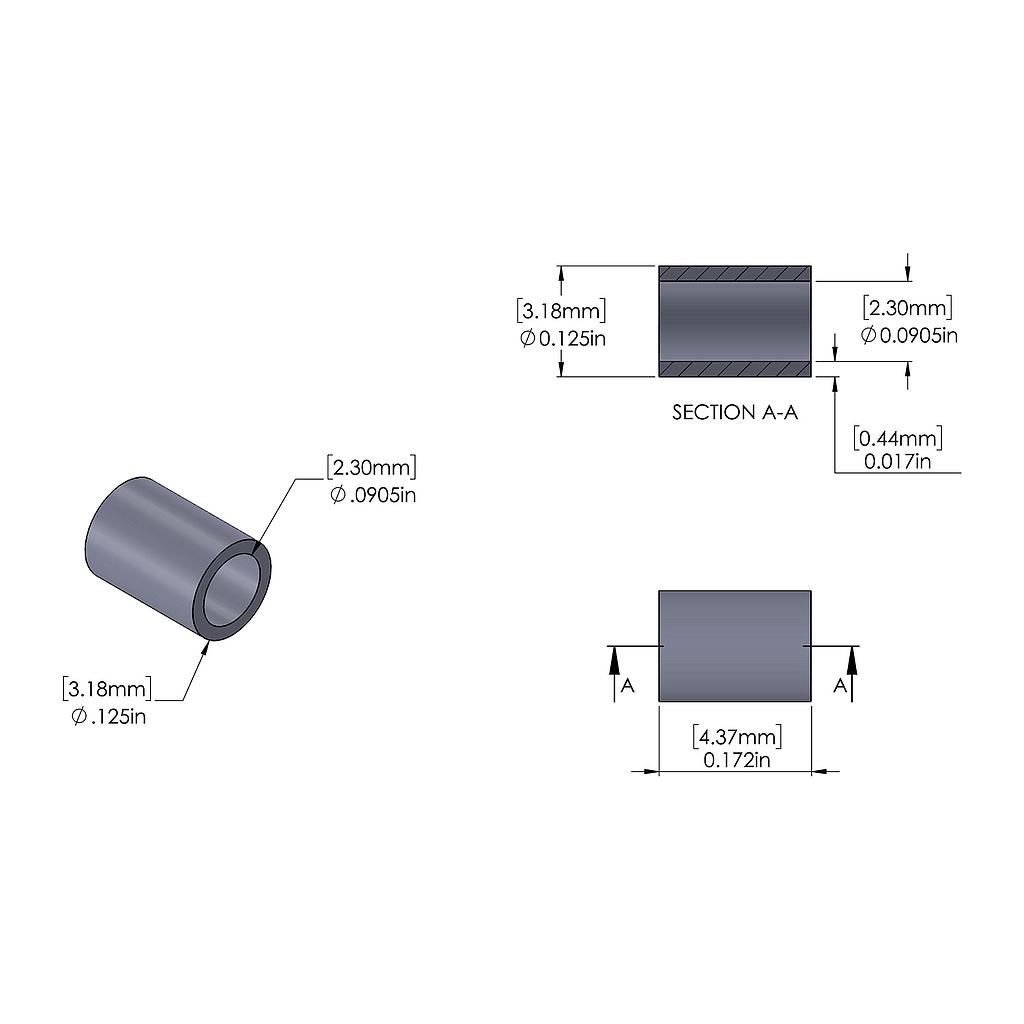 Aluminum Spacer 1/8'' OD x .0905ID x 11/64'' Long, Plain Aluminum Finish