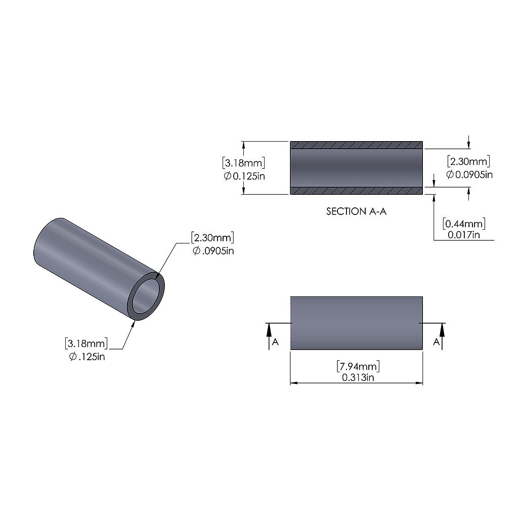 Aluminum Spacer 1/8'' OD x .0905'' ID x 5/16'' Long, Plain Aluminum Finish