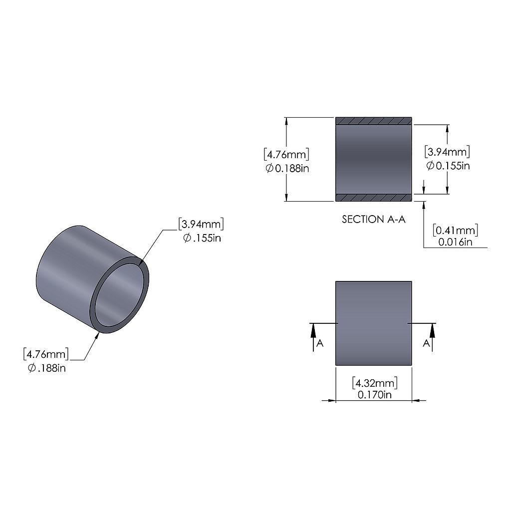 Aluminum Spacer 3/16'' OD x .155'' ID x .170'' Long, Plain Aluminum Finish