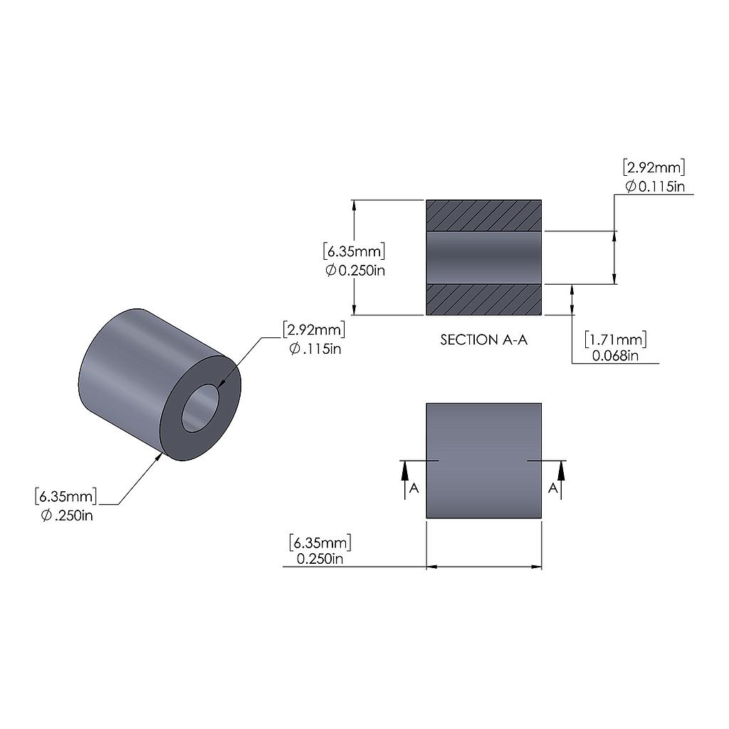 Aluminum Spacer 1/4'' OD x .115'' ID x 1/4'' Long, Plain Aluminum Finish