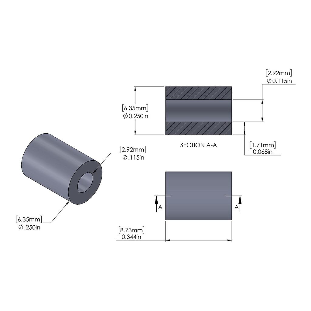 Aluminum Spacer 1/4'' OD x .115'' ID x 11/32'' Long, Plain Aluminum Finish