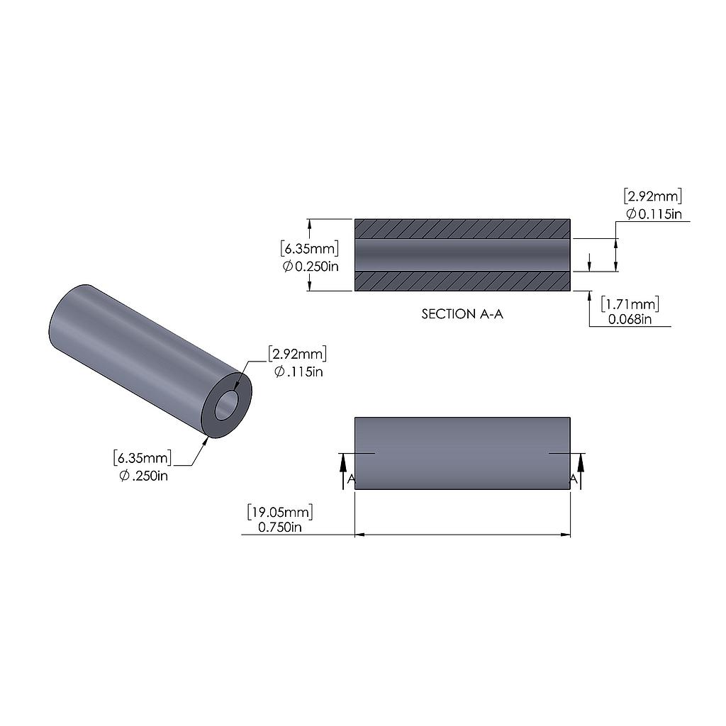 Aluminum Spacer 1/4'' OD x .115'' ID x 3/4'' Long, Plain Aluminum Finish