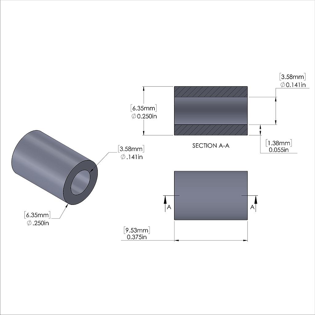 Aluminum Spacer 1/4'' OD x .141'' ID x 3/8'' Long, Plain Aluminum Finish