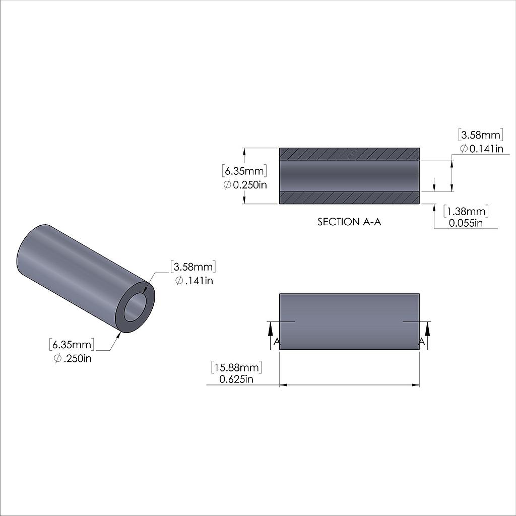 Aluminum Spacer 1/4'' OD x .141'' ID x 5/8'' Long, Plain Aluminum Finish