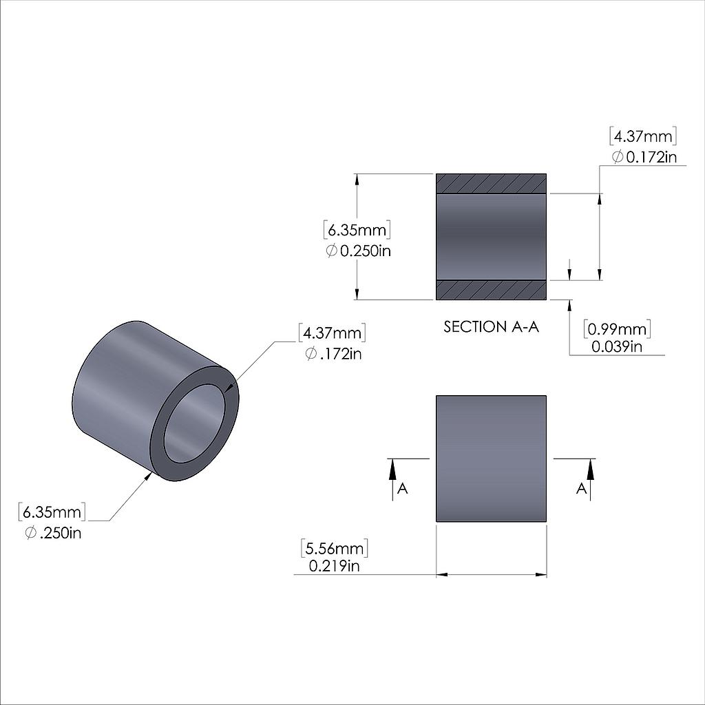 Aluminum Spacer 1/4'' OD x .172'' ID x 7/32'' Long, Plain Aluminum Finish