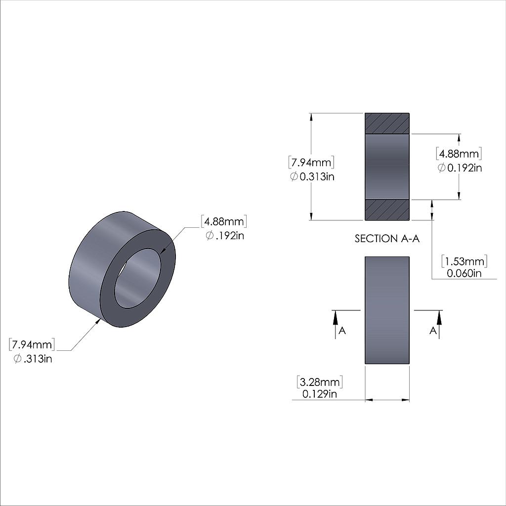 Aluminum Spacer 5/16'' OD x .192'' ID x .129'' Long, Plain Aluminum Finish