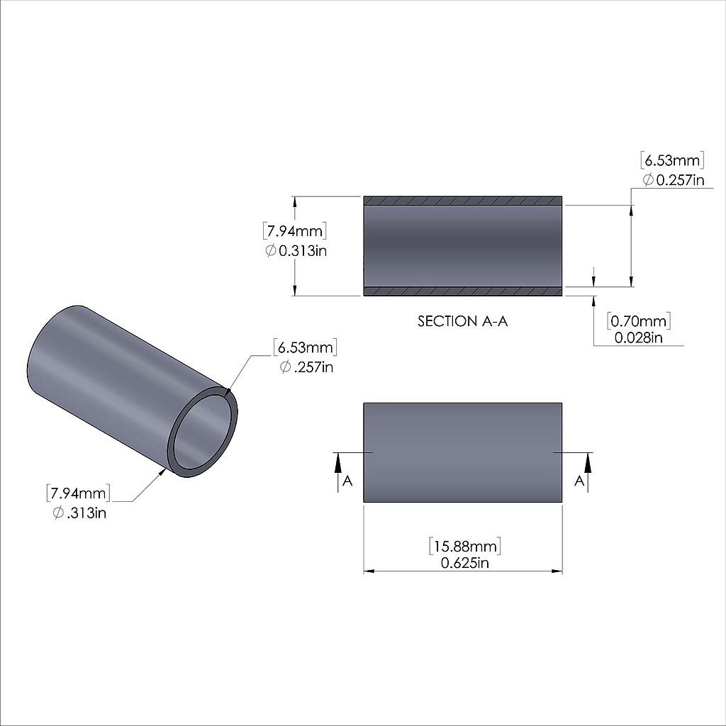 Aluminum Spacer 5/16'' OD x .257'' ID x 5/8'' Long, Plain Aluminum Finish