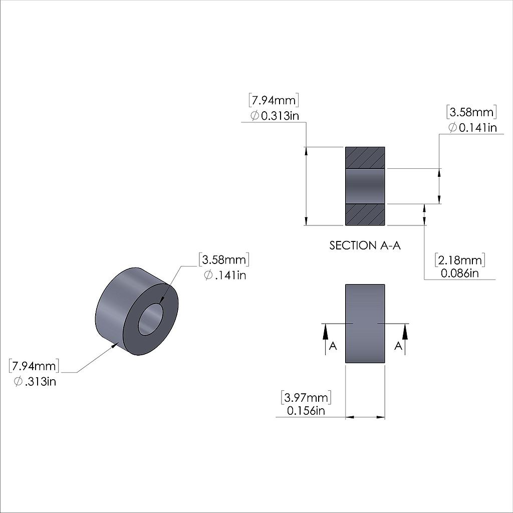 Aluminum Spacer 5/16'' OD x .141'' ID x 5/32'' Long, Plain Aluminum Finish