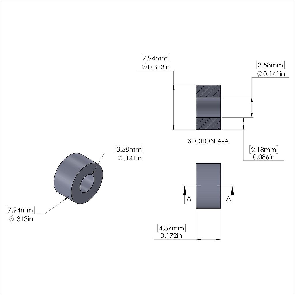 Aluminum Spacer 5/16'' OD x .141'' ID x 11/64'' Long, Plain Aluminum Finish