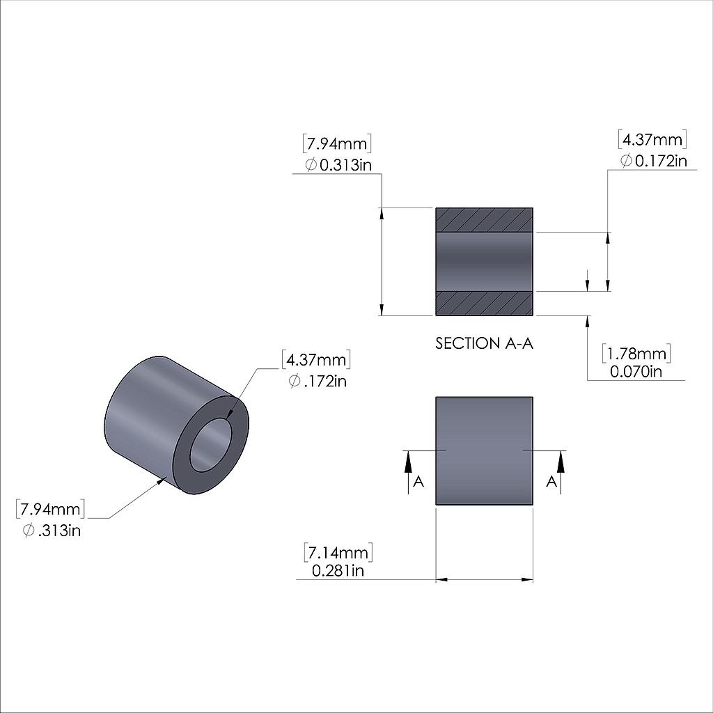 Aluminum Spacer 5/16'' OD x .172'' ID x 9/32'' Long, Plain Aluminum Finish