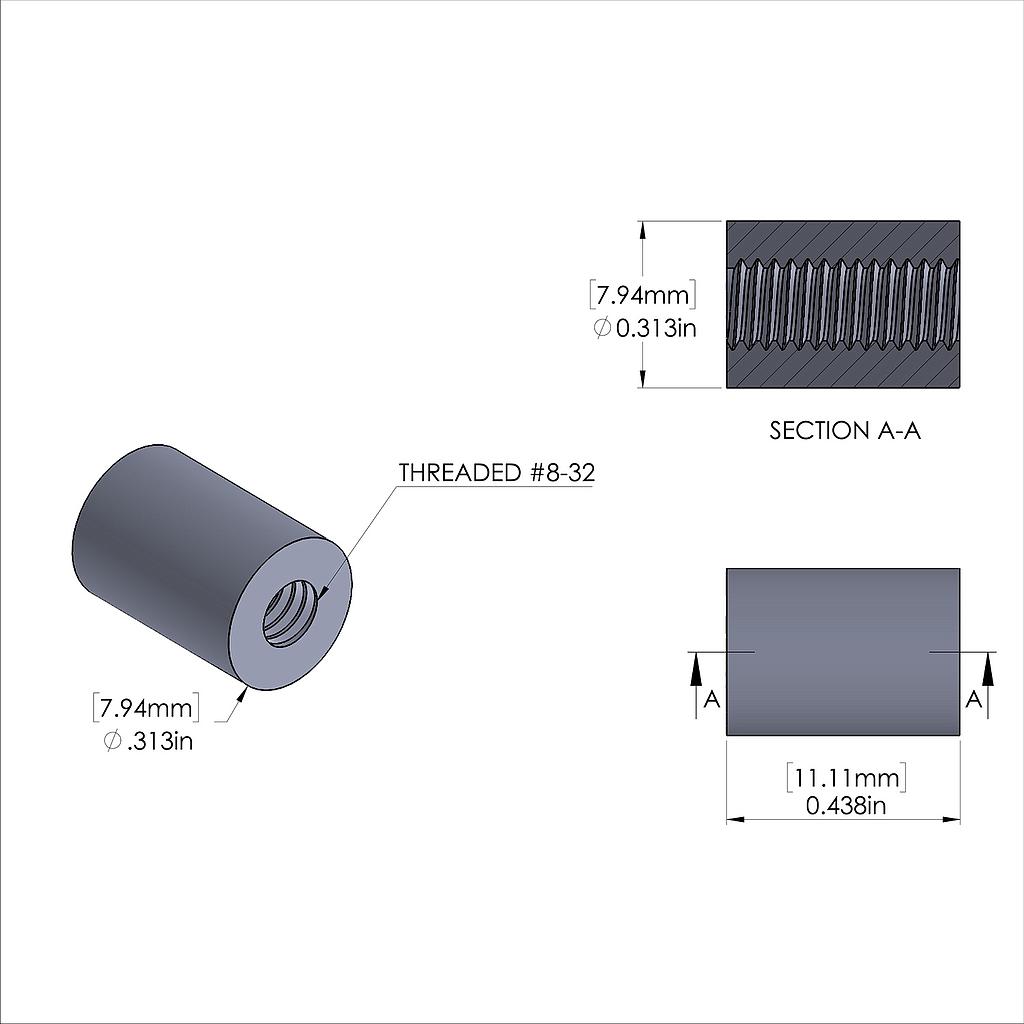 Aluminum Standoff 5/16'' OD x 8-32 Thread x 7/16'' Long, Plain Aluminum Finish