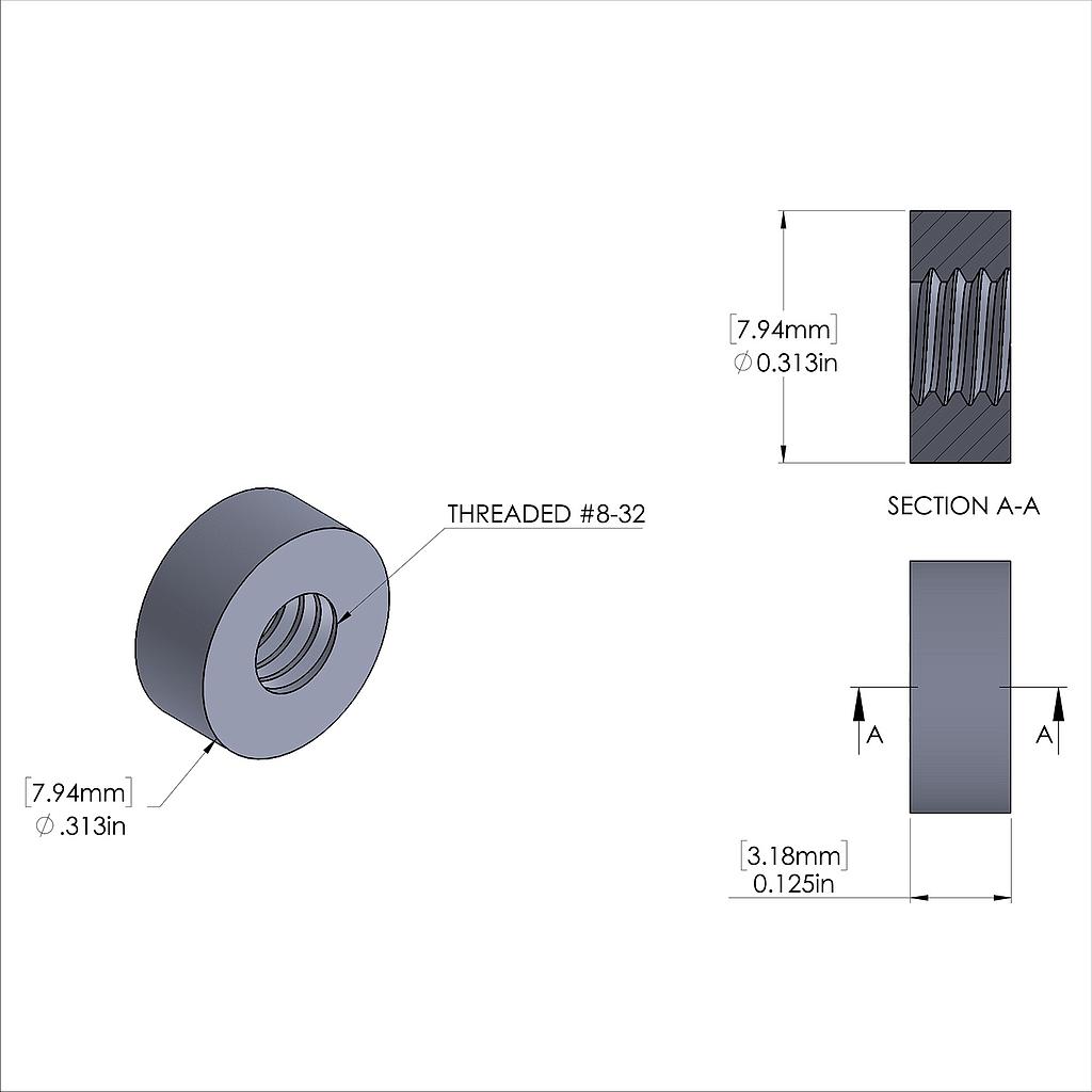 Aluminum Standoff 5/16'' OD x 8-32 Thread x 1/8'' Long, Plain Aluminum Finish