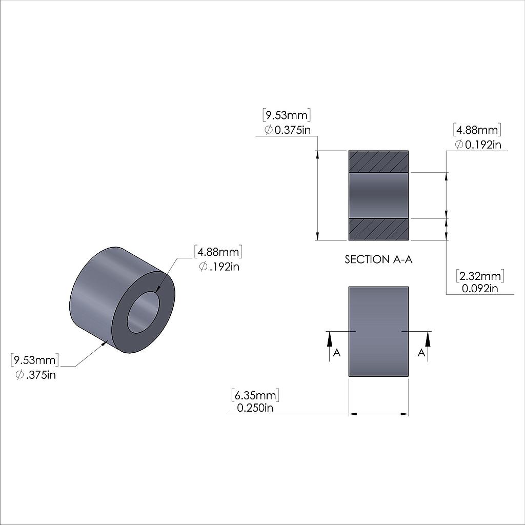 Aluminum Spacer 3/8'' OD x .192'' ID x 1/4'' Long, Plain Aluminum Finish