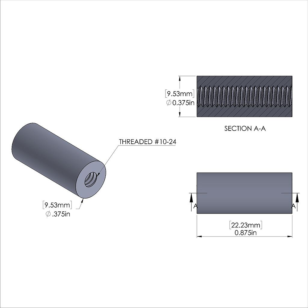 Aluminum Standoff 3/8'' OD x 10-24 Thread x 7/8'' Long, Plain Aluminum Finish