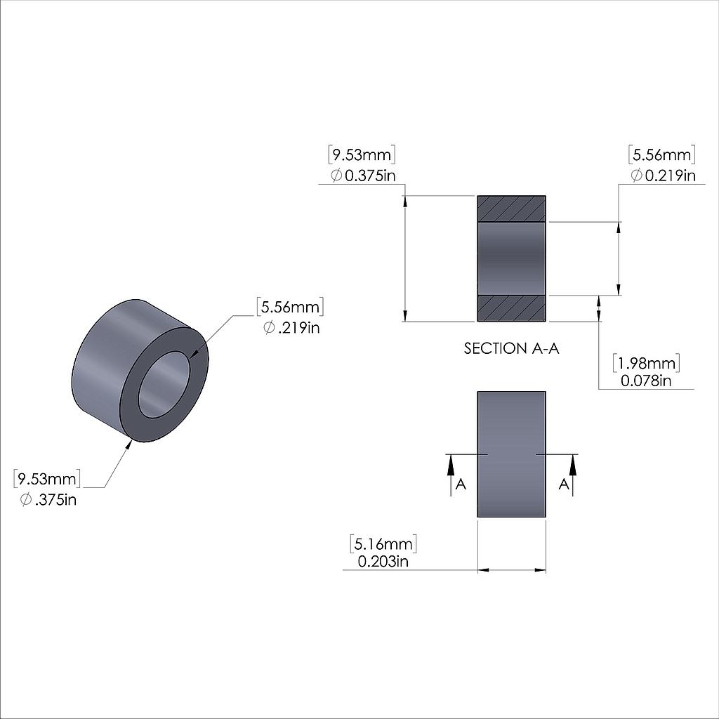 Aluminum Spacer 3/8'' OD x .219'' ID x 13/64'' Long, Plain Aluminum Finish