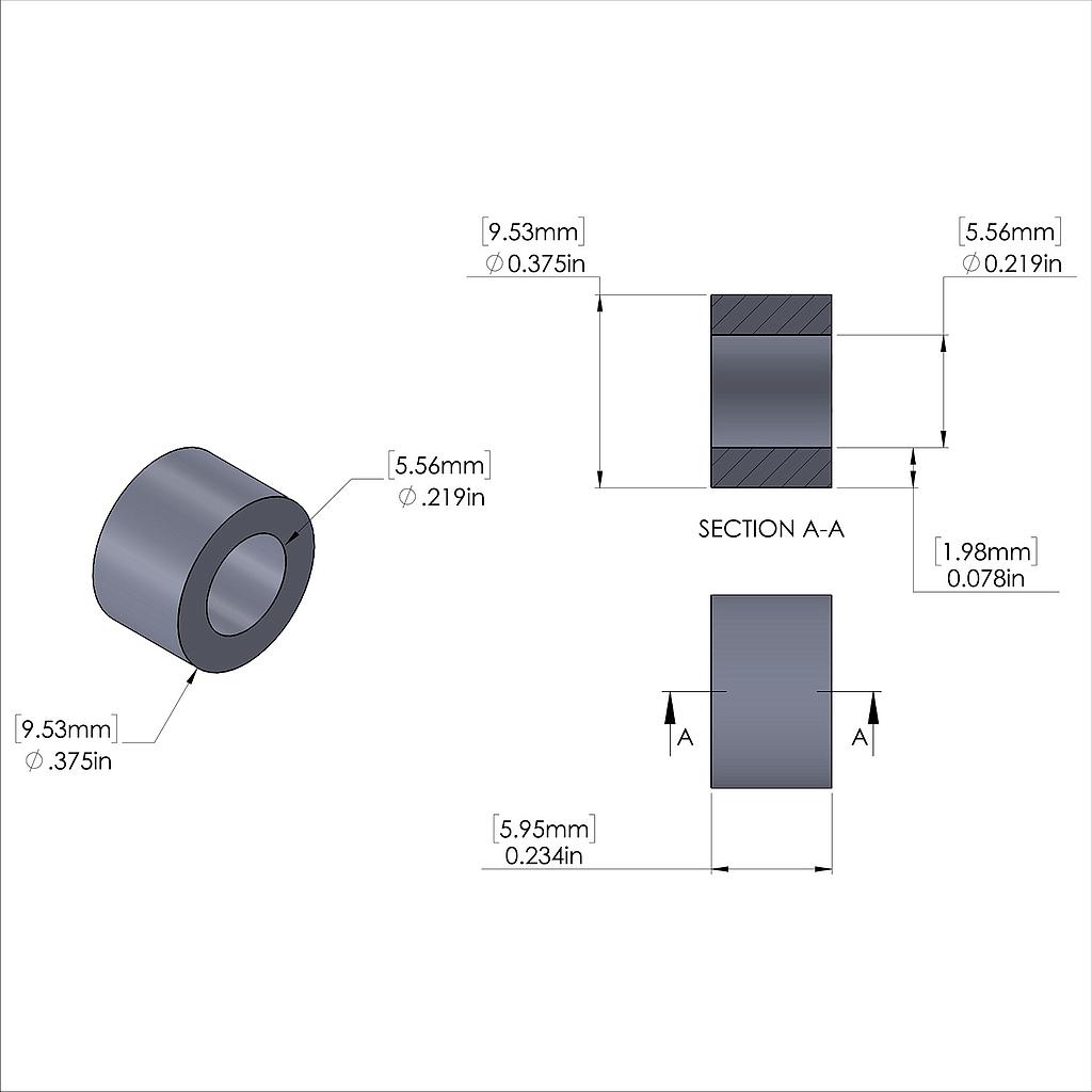 Aluminum Spacer 3/8'' OD x .219'' ID x 15/64'' Long, Plain Aluminum Finish