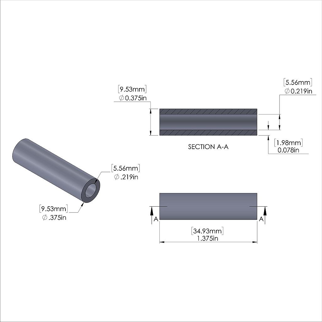 Aluminum Spacer 3/8'' OD x .219'' ID x 1-3/8'' Long, Plain Aluminum Finish