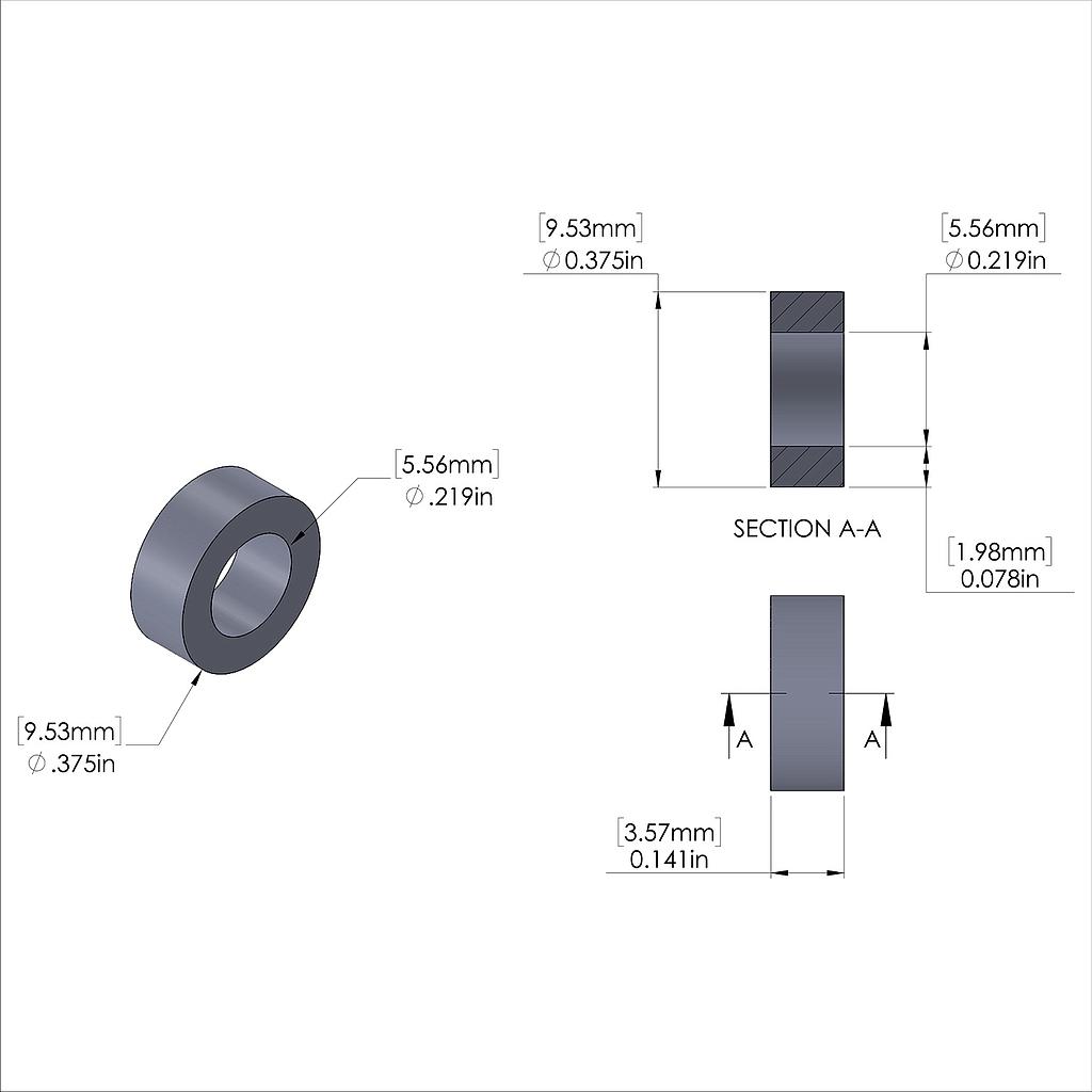 Aluminum Spacer 3/8'' OD x .219'' ID x 9/64'' Long, Plain Aluminum Finish