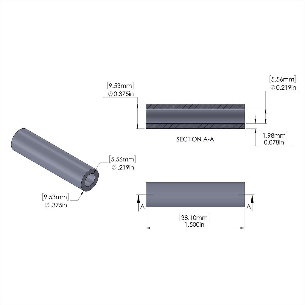 Aluminum Spacer 3/8'' OD x .219'' ID x 1-1/2'' Long, Plain Aluminum Finish