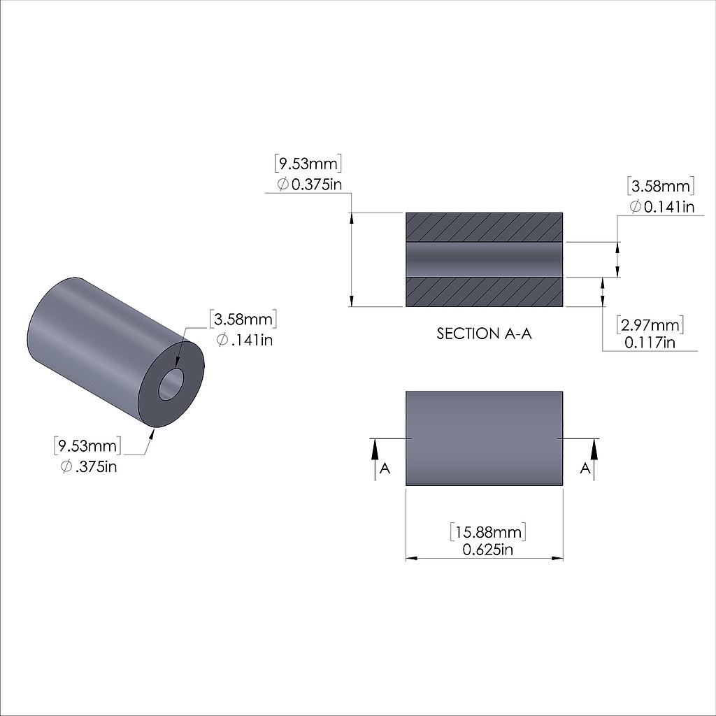 Aluminum Spacer 3/8'' OD x .141'' ID x 5/8'' Long, Plain Aluminum Finish