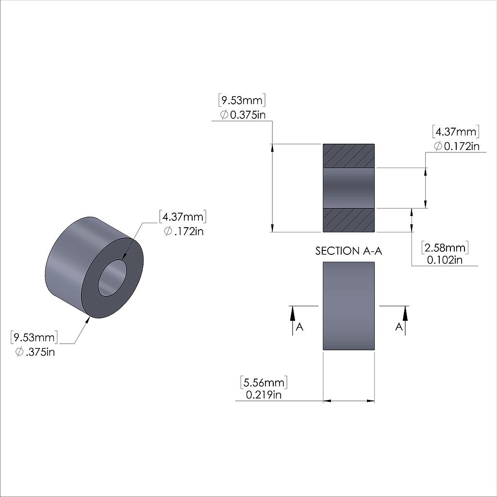 Aluminum Spacer 3/8'' OD x .172'' ID x 7/32'' Long, Plain Aluminum Finish