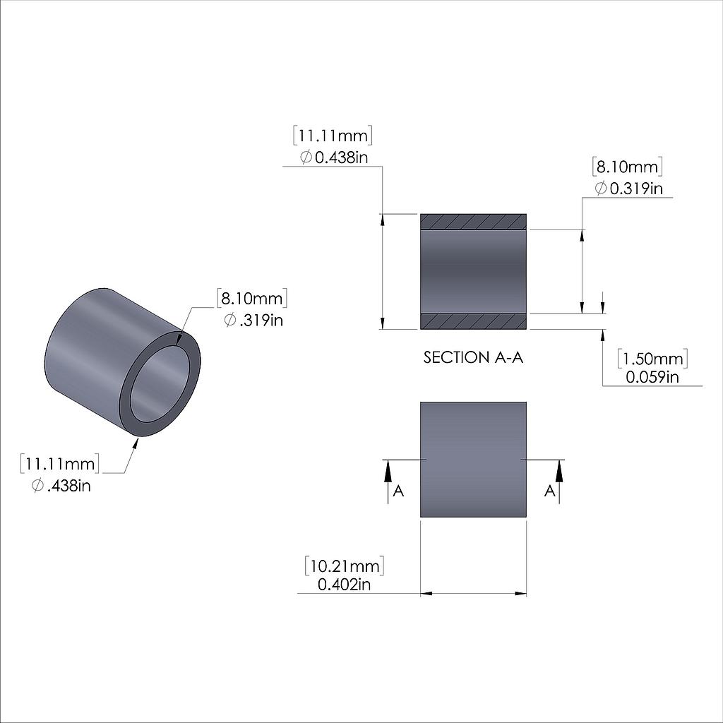 Aluminum Spacer 7/16'' OD x .319'' ID x .402'' Long, Plain Aluminum Finish