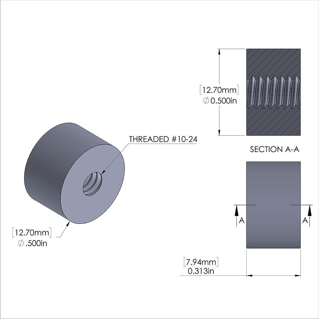 Aluminum Standoff 1/2'' OD x 10-24 Thread x 5/16'' Long, Plain Aluminum Finish