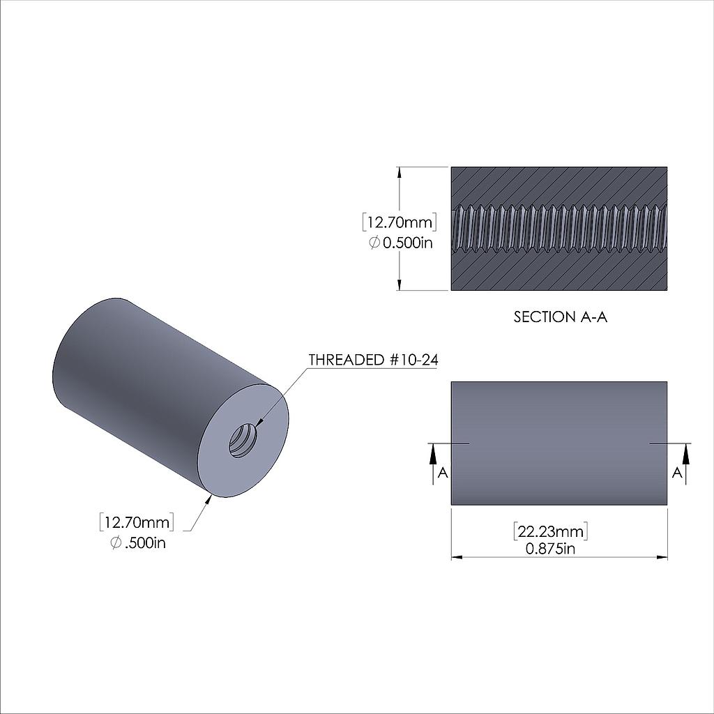 Aluminum Standoff 1/2'' OD x 10-24 Thread x 7/8'' Long, Plain Aluminum Finish