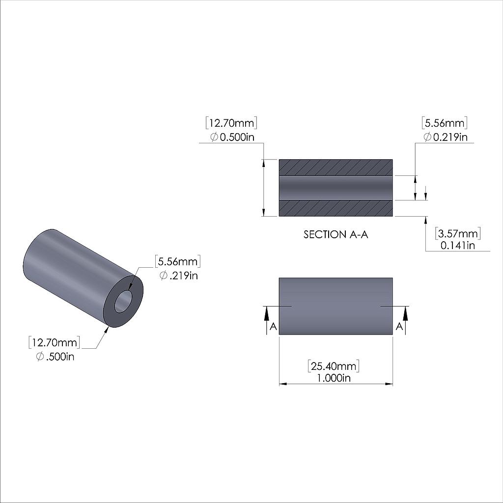 Aluminum Spacer 1/2'' OD x .219'' ID x 1.000'' Long, Plain Aluminum Finish