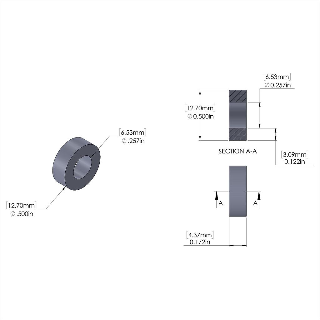 Aluminum Spacer 1/2'' OD x .257'' ID x 11/64'' Long, Plain Aluminum Finish