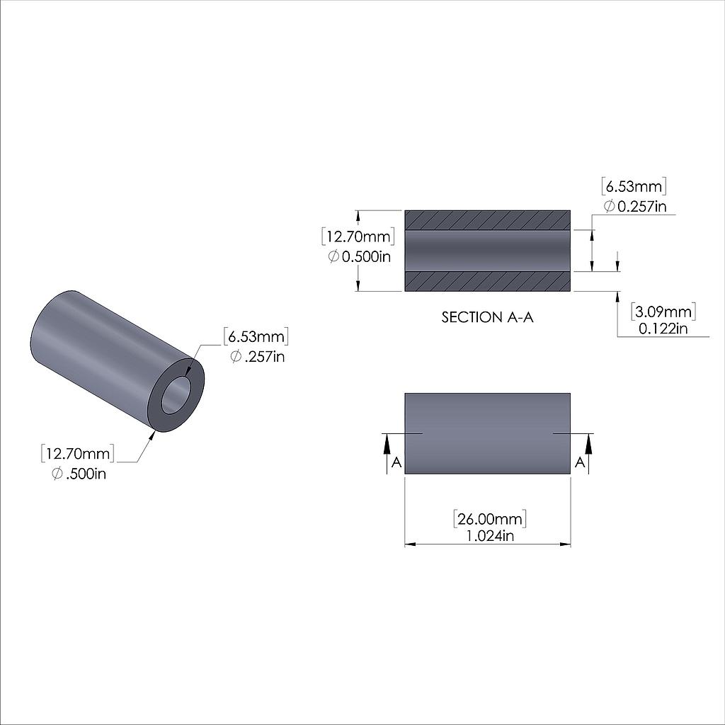 Aluminum Spacer 1/2'' OD x .257'' ID x 26mm , Clear Anodized Finish