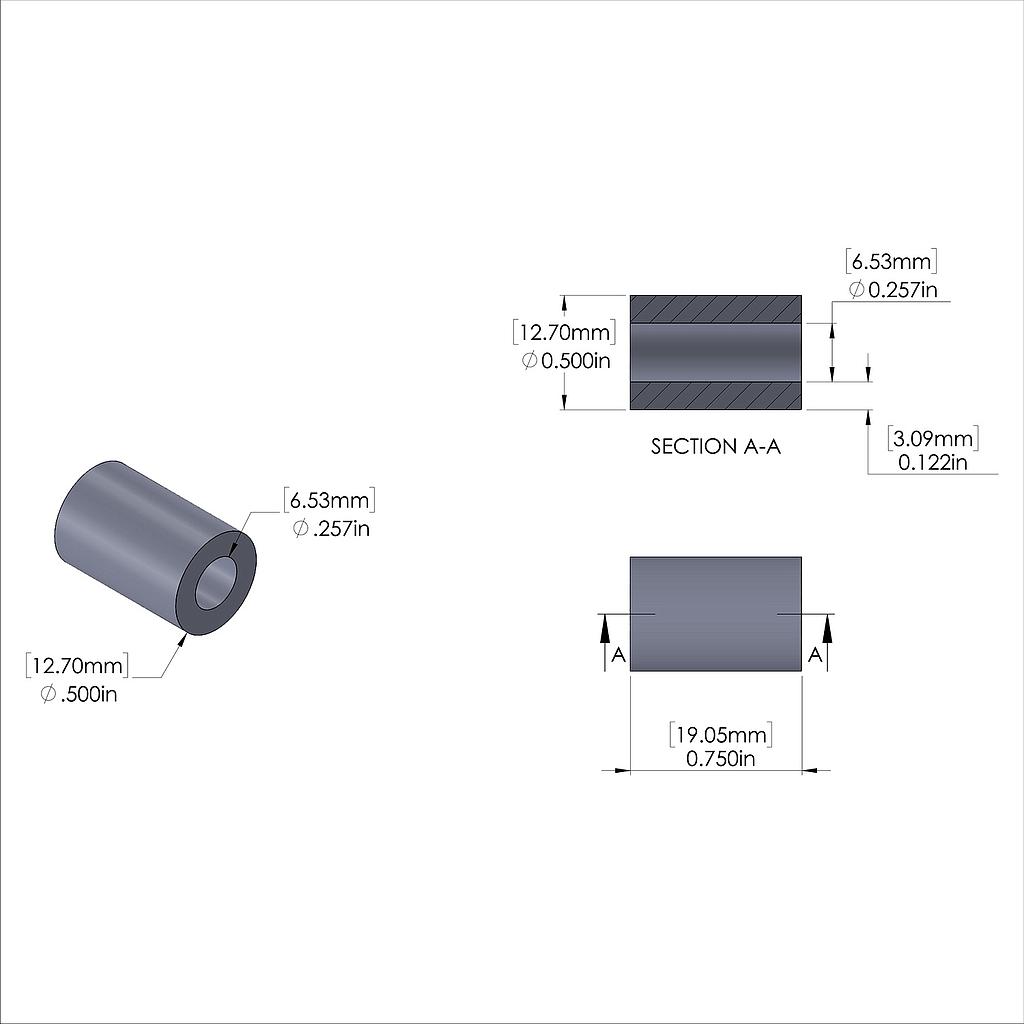 Aluminum Spacer 1/2'' OD x .257'' ID x 3/4'' Long, Black Anodized Finish