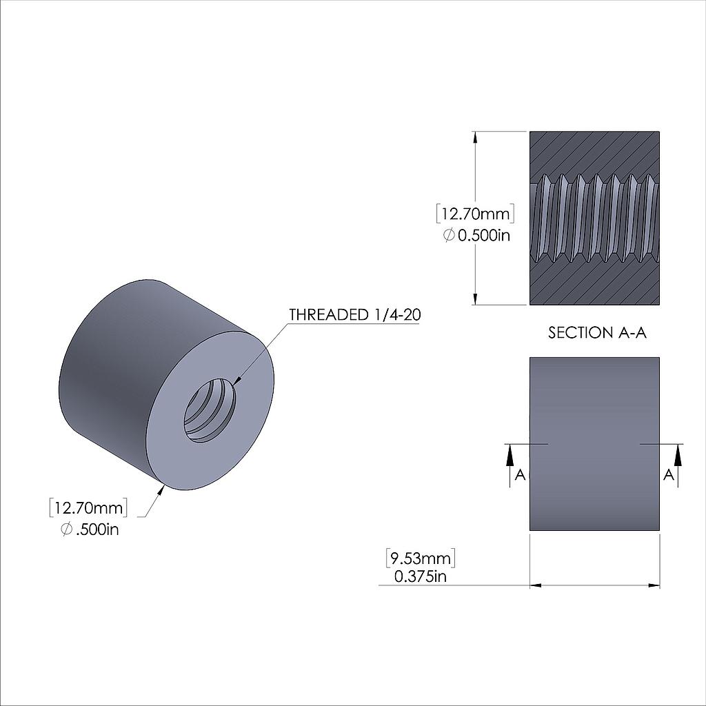 Aluminum Standoff 1/2'' OD x 1/4-20 Thread x 3/8'' Long, Plain Aluminum Finish