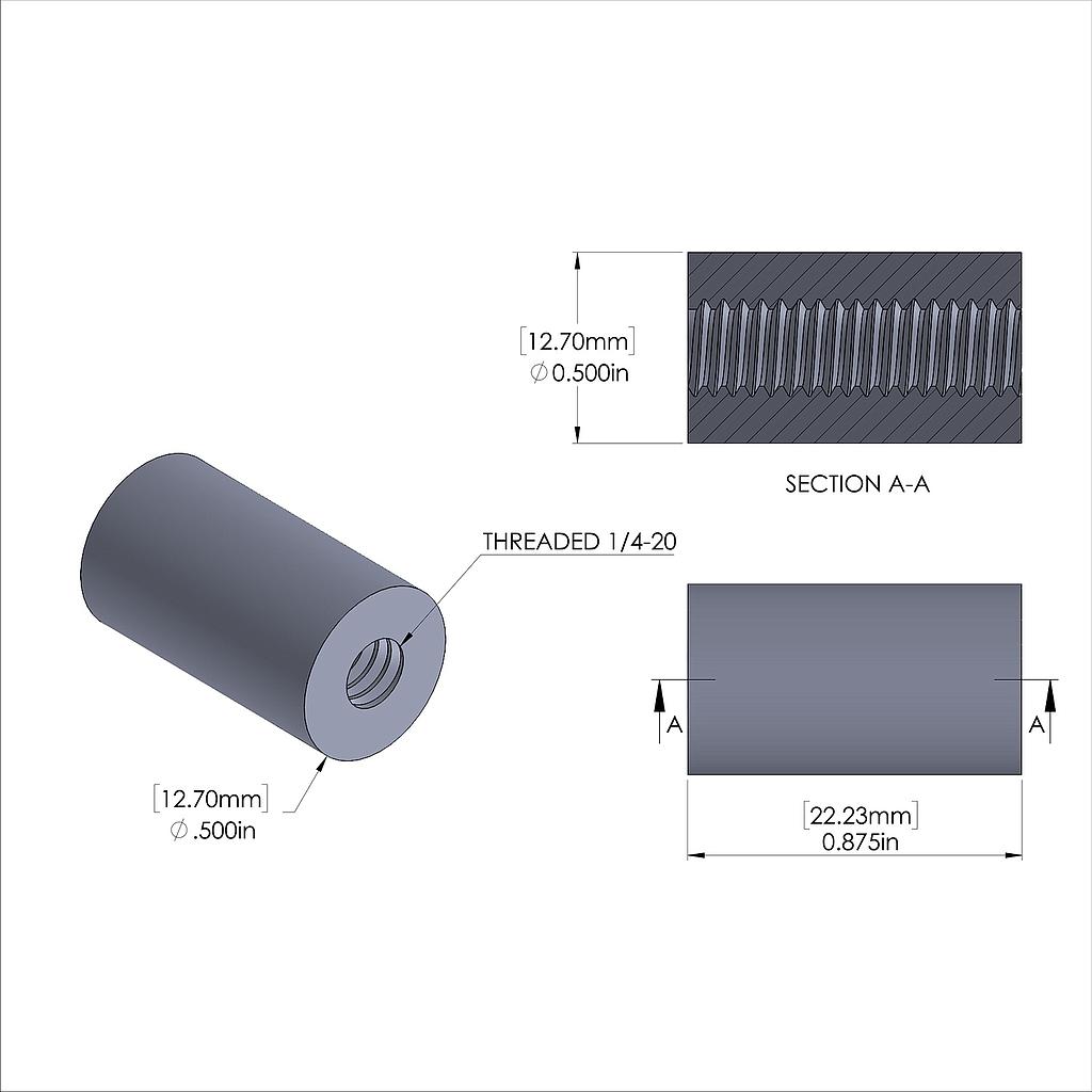 Aluminum Standoff 1/2'' OD x 1/4-20 Thread x 7/8'' Long, Plain Aluminum Finish