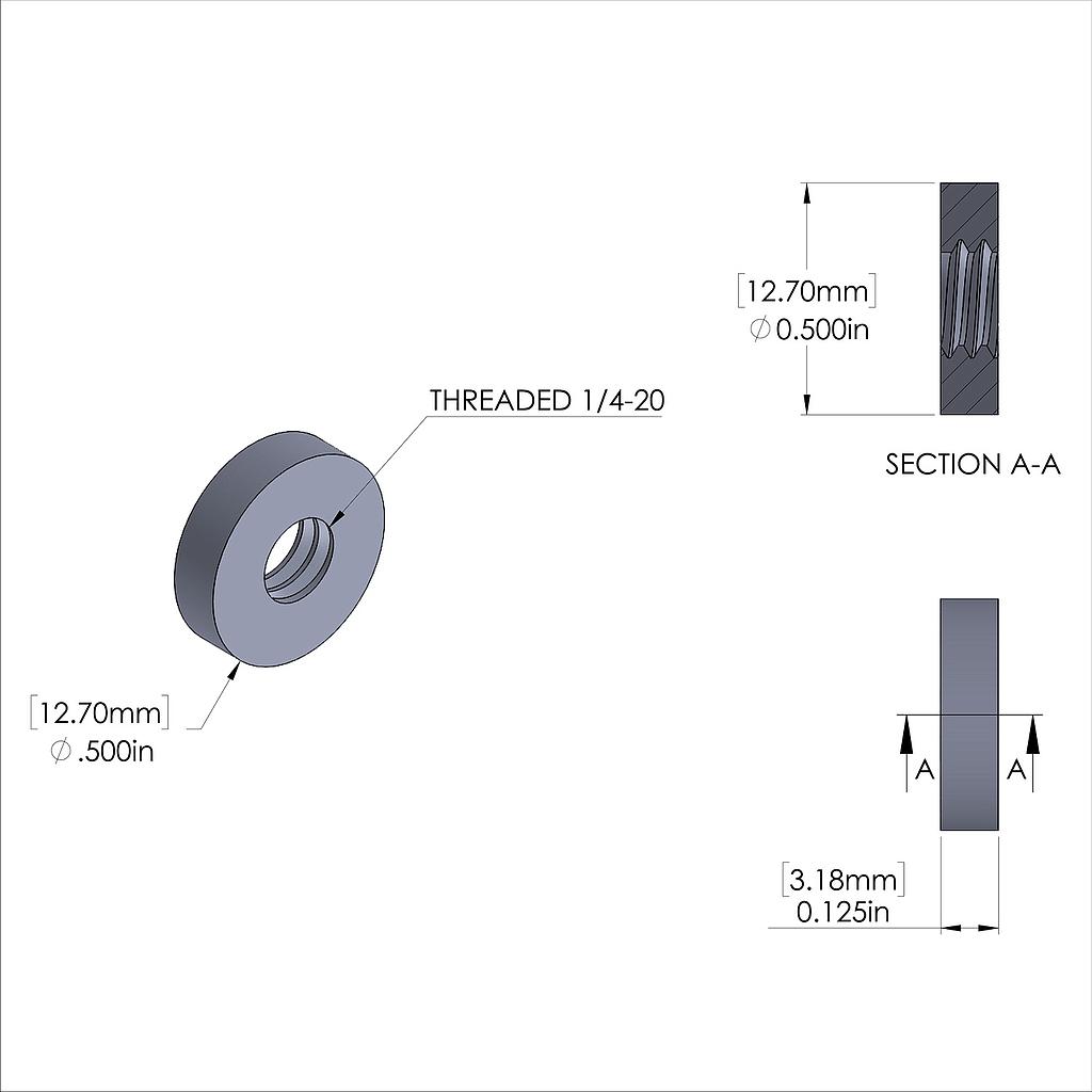 Aluminum Standoff 1/2'' OD x 1/4-20 Thread x 1/8'' Long, Plain Aluminum Finish