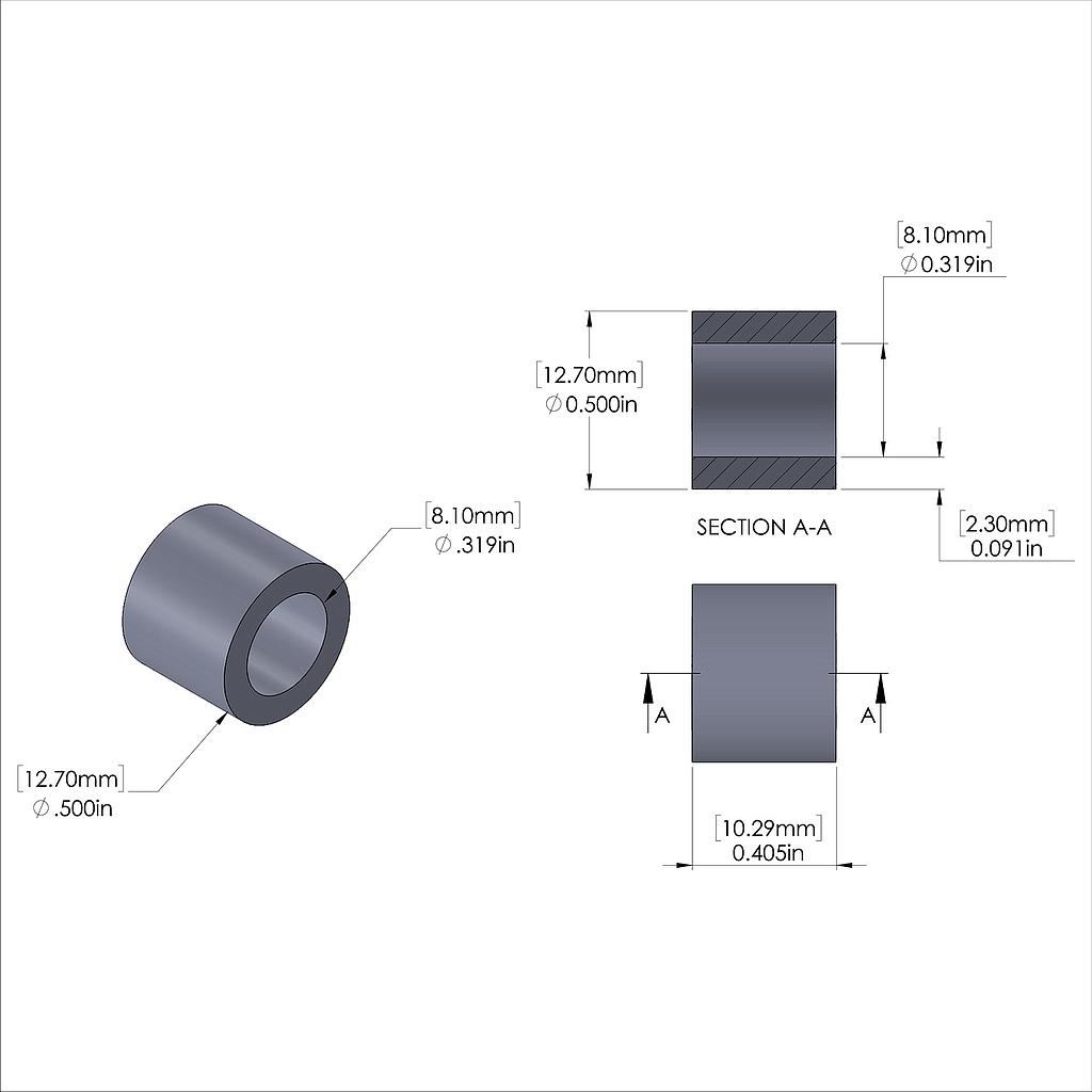 Aluminum Spacer 1/2'' OD x .319'' ID x .405'' Long, Plain Aluminum Finish