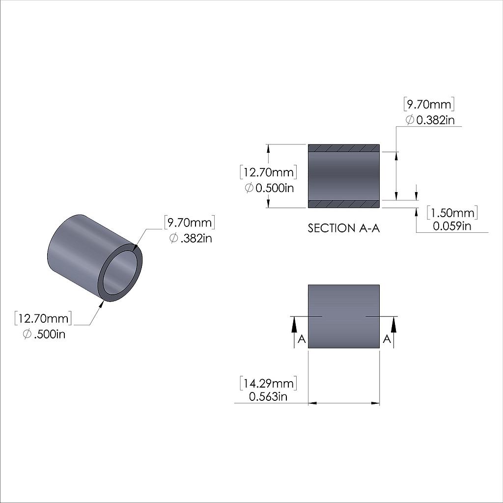 Aluminum Spacer 1/2'' OD x .382'' ID x 9/16'' Long, Plain Aluminum Finish