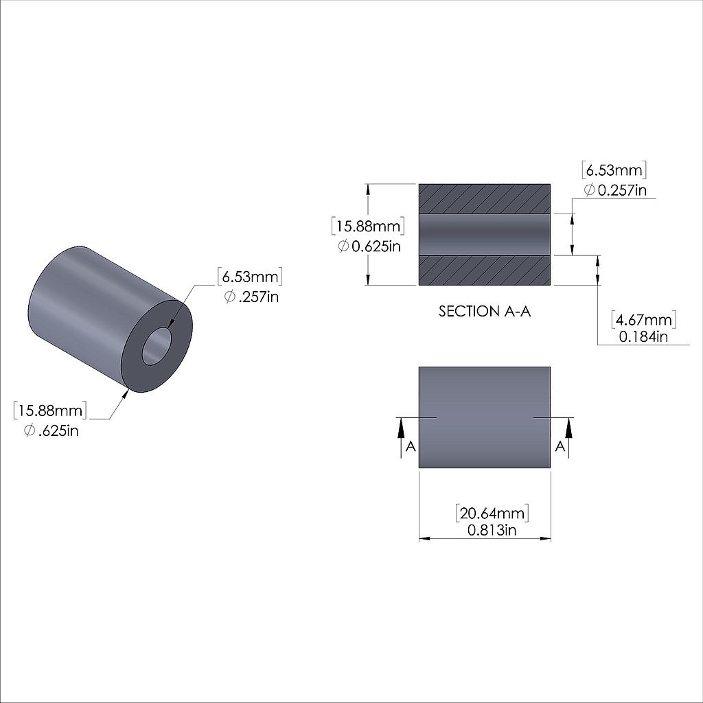 Aluminum Spacer 5/8'' OD x .257'' ID x 13/16'' Long, Plain Aluminum Finish