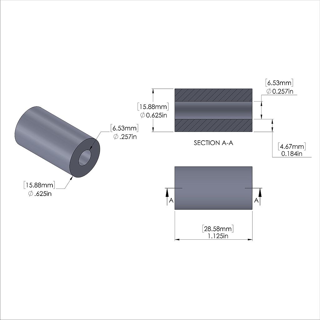 Aluminum Spacer 5/8'' OD x .257'' ID x 1-1/8'' Long, Plain Aluminum Finish