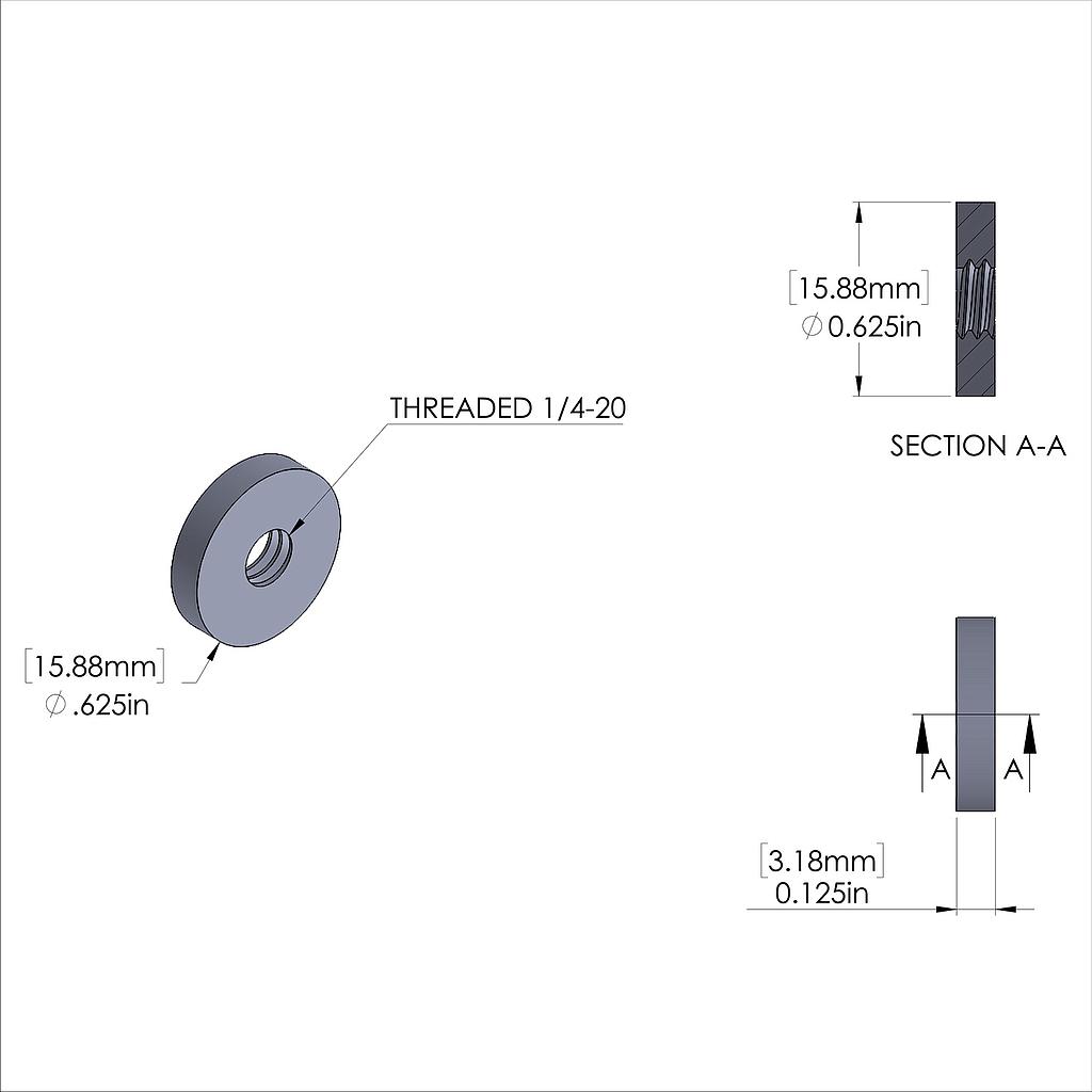 Aluminum Standoff 5/8'' OD x 1/4-20 Thread x 1/8'' , Clear Anodized Finish