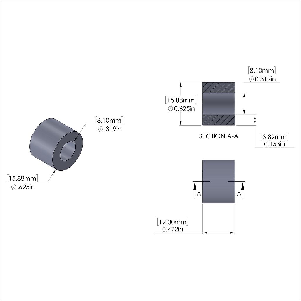 Aluminum Spacer 5/8'' OD x .319'' ID x 12mm Long, Plain Aluminum Finish