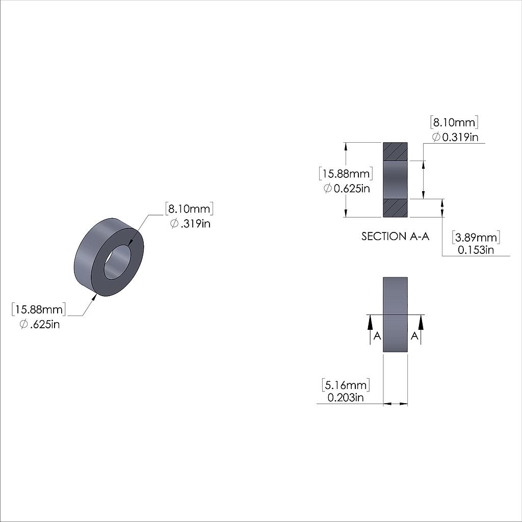 Aluminum Spacer 5/8'' OD x .319'' ID x 13/64'' Long, Plain Aluminum Finish