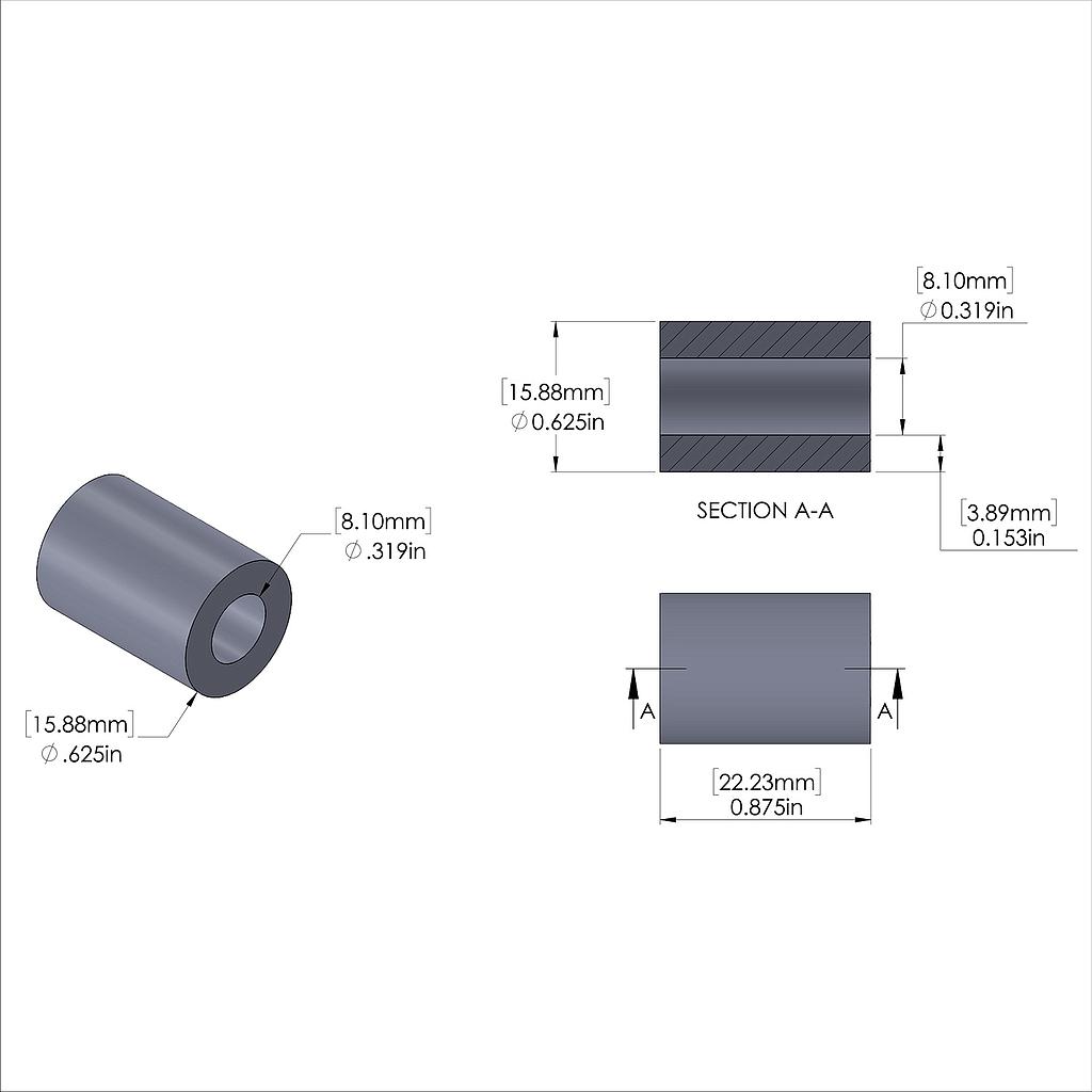 Aluminum Spacer 5/8'' OD x .319'' ID x 7/8'' Long, Plain Aluminum Finish