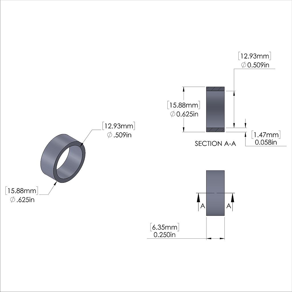 Aluminum Spacer 5/8'' OD x .509'' ID x 1/4'' Long, Plain Aluminum Finish